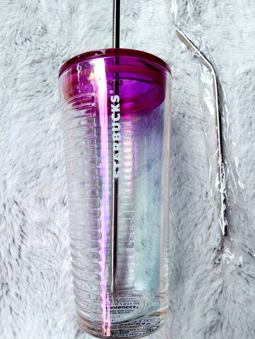 Starbucks Glass Tumbler Magenta Pink Lid Stainless Steel Luster Iridescent